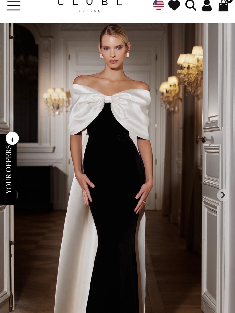 Club L London WANTING MORE Elegant Black & White Off-Shoulder Bow Gown bow
